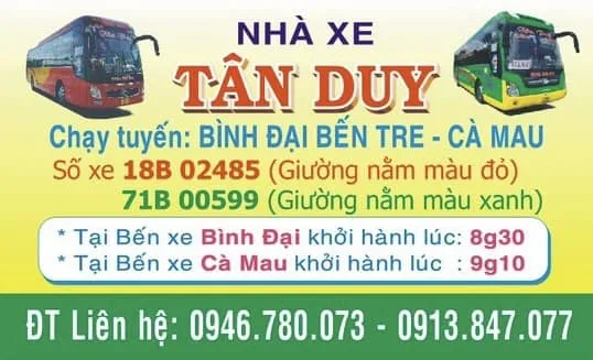 Nhà xe khách Tân Duy tuyến Bình Đại (Bến Tre) - Cà Mau