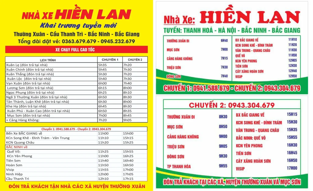 Nhà xe khách Hiền Lan tuyến Thanh Hoá - Hà Nội - Vĩnh Phúc - Bắc Ninh - Bắc Giang